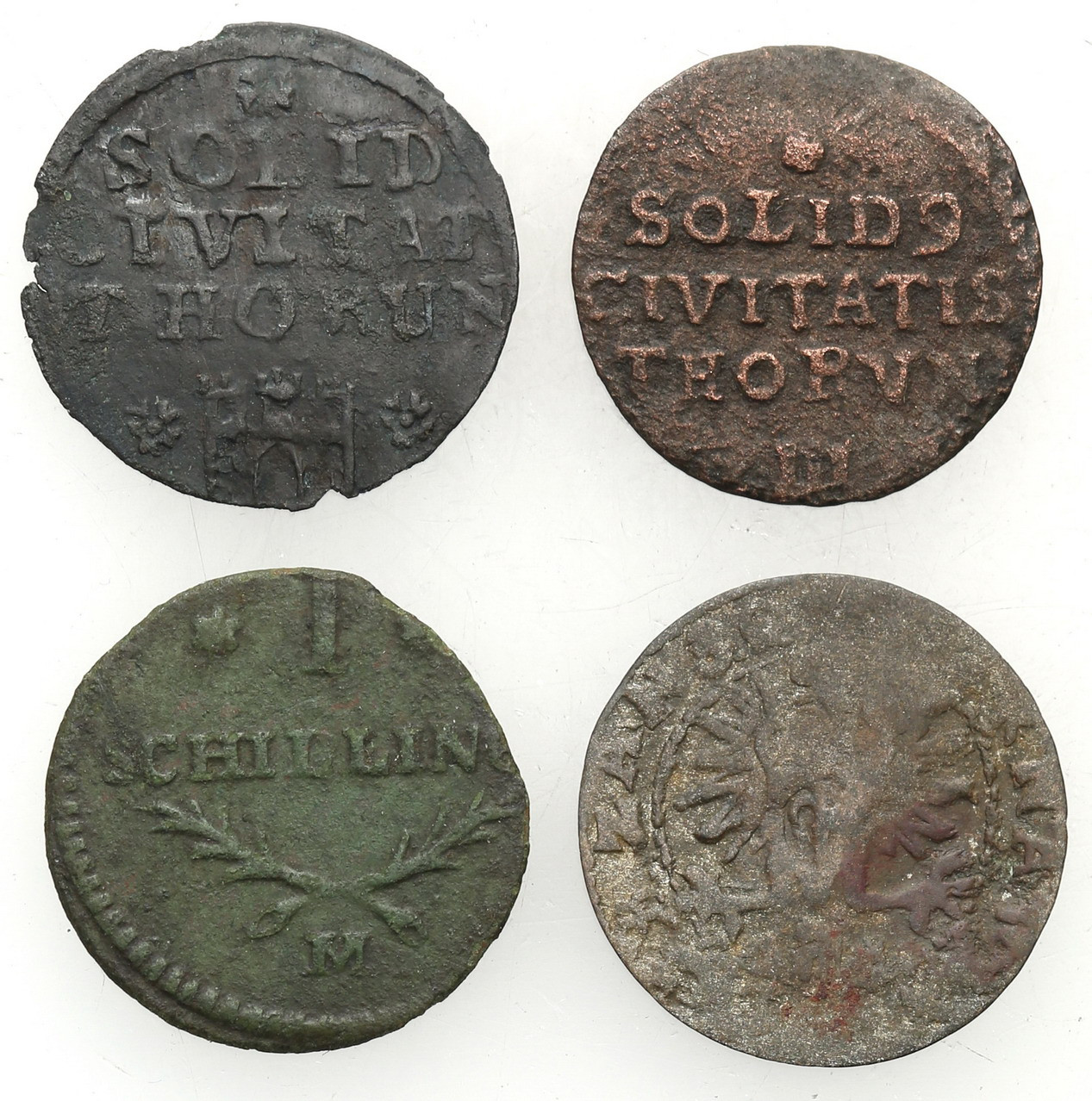 Michał Korybut, szeląg 1671, Toruń, August III Sas, szeląg 1760, Toruń, szeląg 1812, Gdańsk, zestaw 4 monet